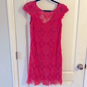 Ali Ro Coral Pink Floral Crochet Lace Cap Sleeve Sheath Dress Size 8